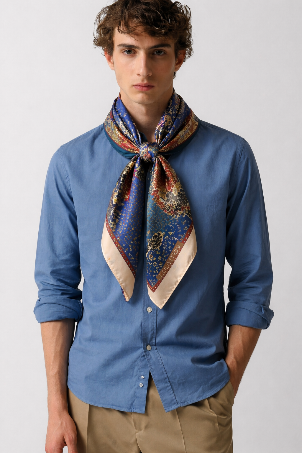Printed Silk Scarf with Monogram & Chain Design – Elegant Square Shawl