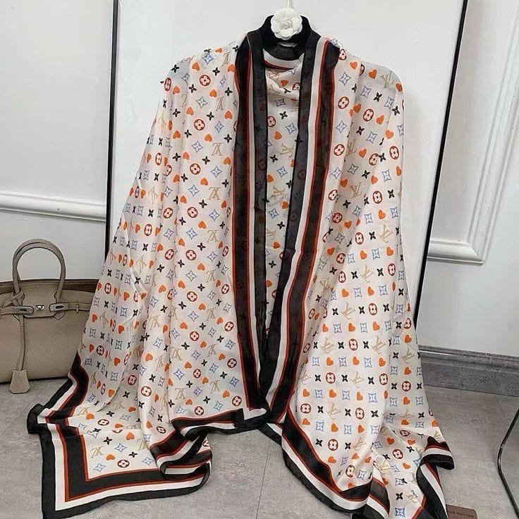 Luxury Monogram Print Silk Scarf – Elegant Designer-Inspired Wrap