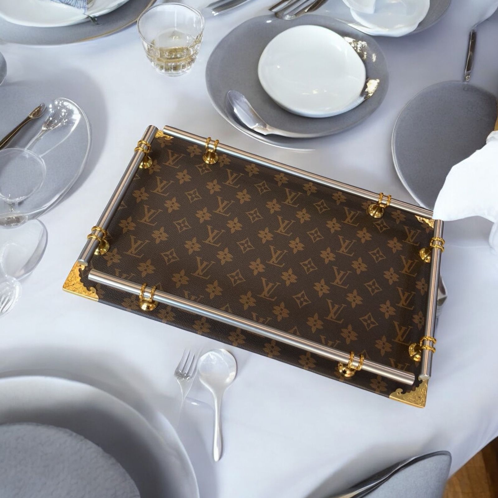 Luxury Replica Louis Vuitton Serving Tray – Monogram with Gold & Silver
