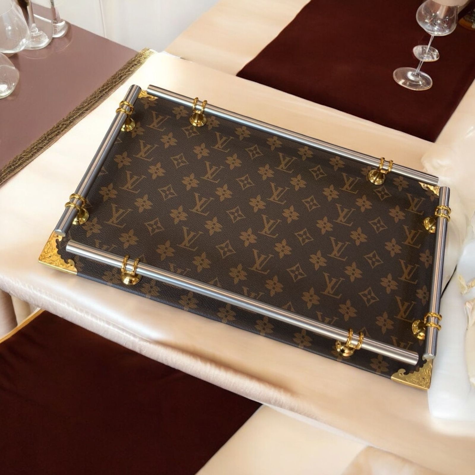 Luxury Replica Louis Vuitton Serving Tray – Monogram with Gold & Silver