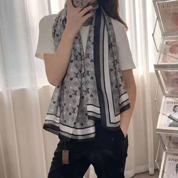 Luxury Monogram Print Silk Scarf – Elegant Designer-Inspired Wrap