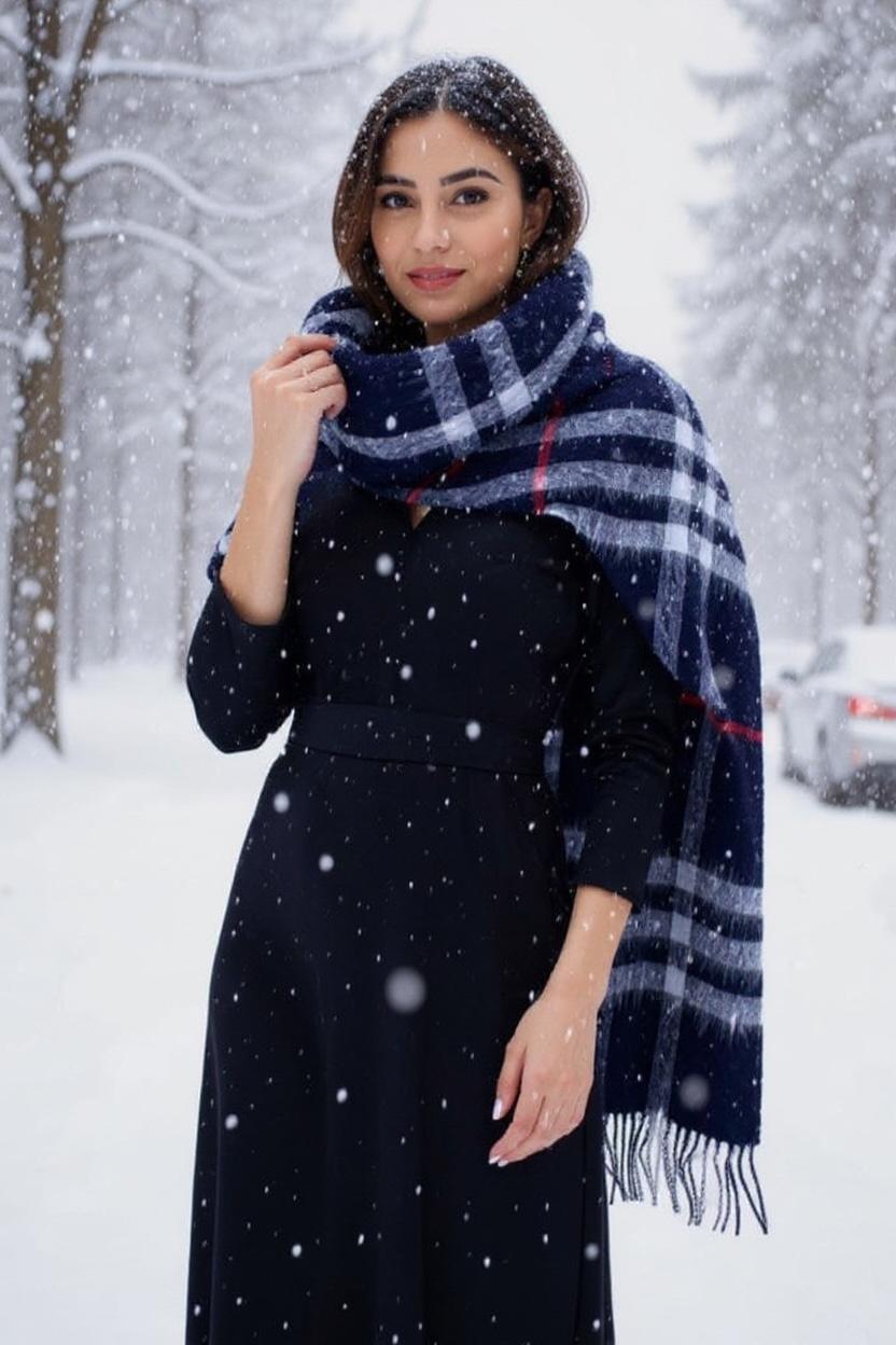 Luxurious Checkered Cashmere Scarf with Fringed Edges