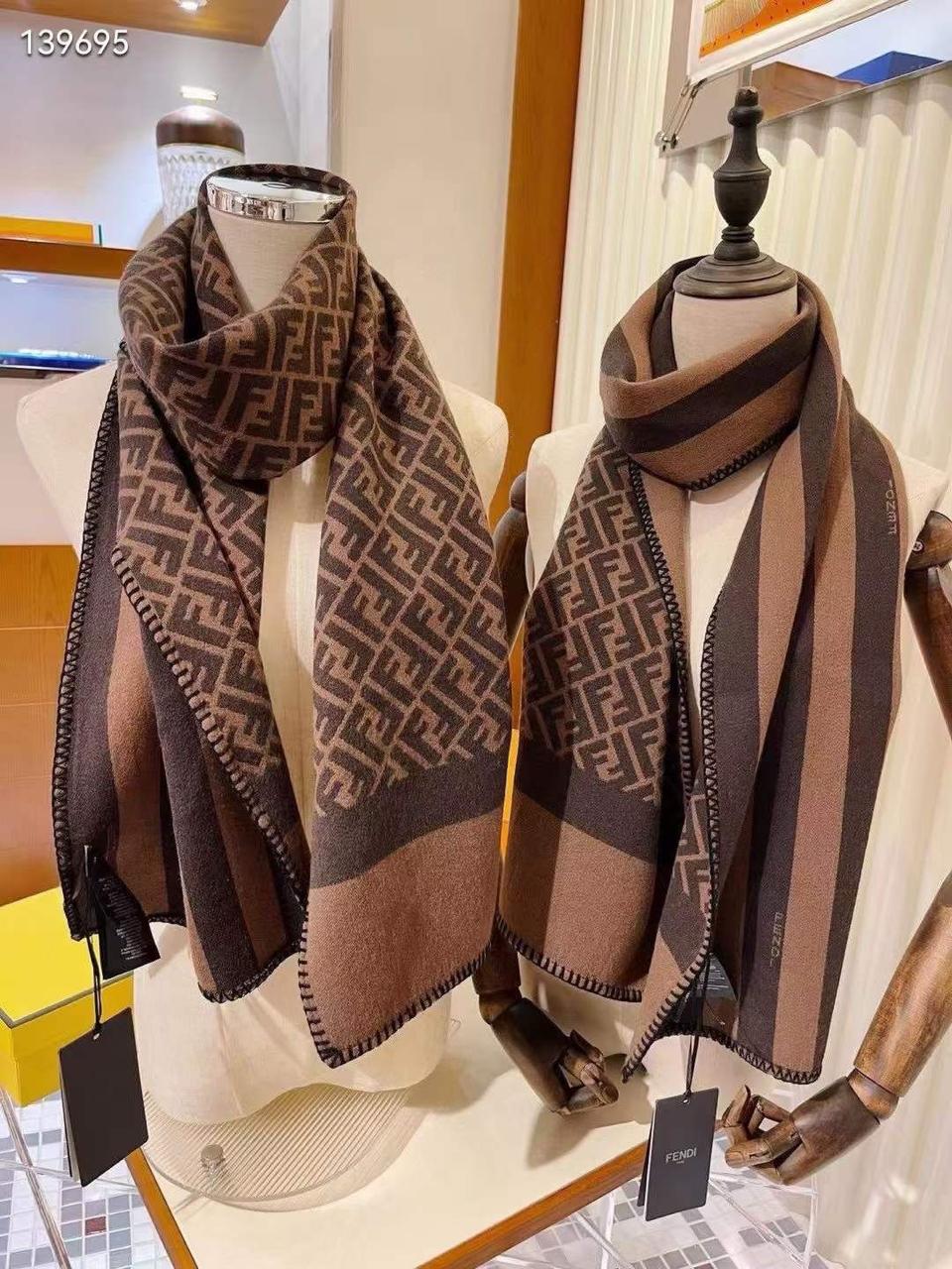 Luxury Double-Sided Monogram Wool Scarf – Brown & Coffee Tones