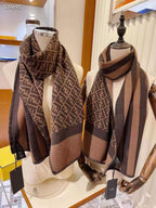 Luxury Double-Sided Monogram Wool Scarf – Brown & Coffee Tones