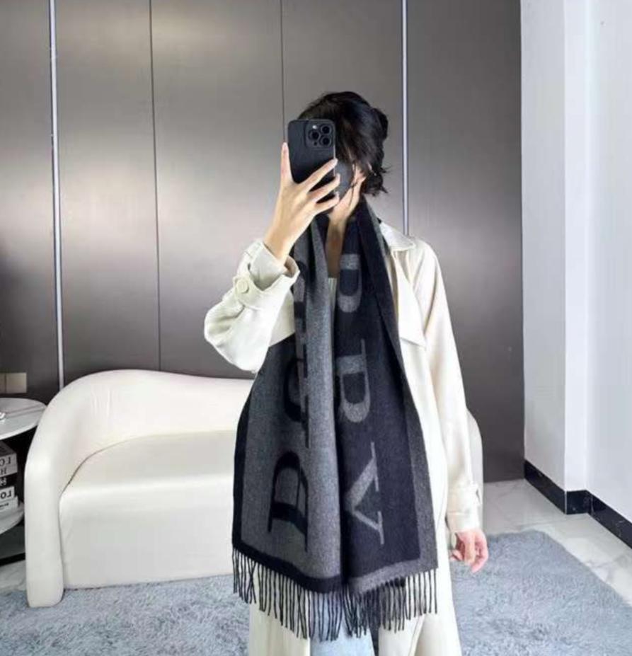 Classic Beige and Black Wool Scarf with Oversized Letter Design