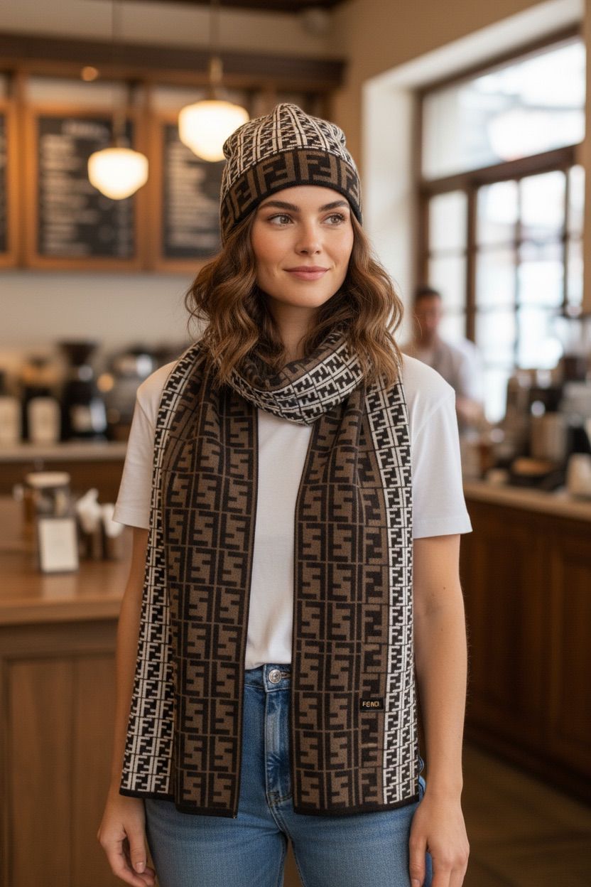 Luxury Monogram Wool Scarf and Beanie Set – Dual Tone Brown & Cream