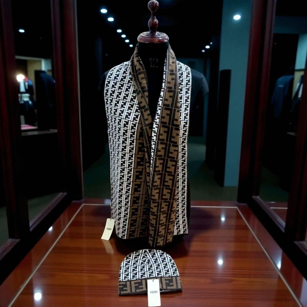 Luxury Monogram Wool Scarf and Beanie Set – Dual Tone Brown & Cream