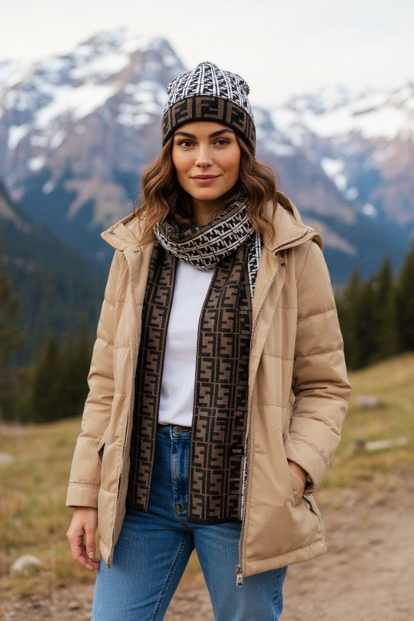 Luxury Monogram Wool Scarf and Beanie Set – Dual Tone Brown & Cream