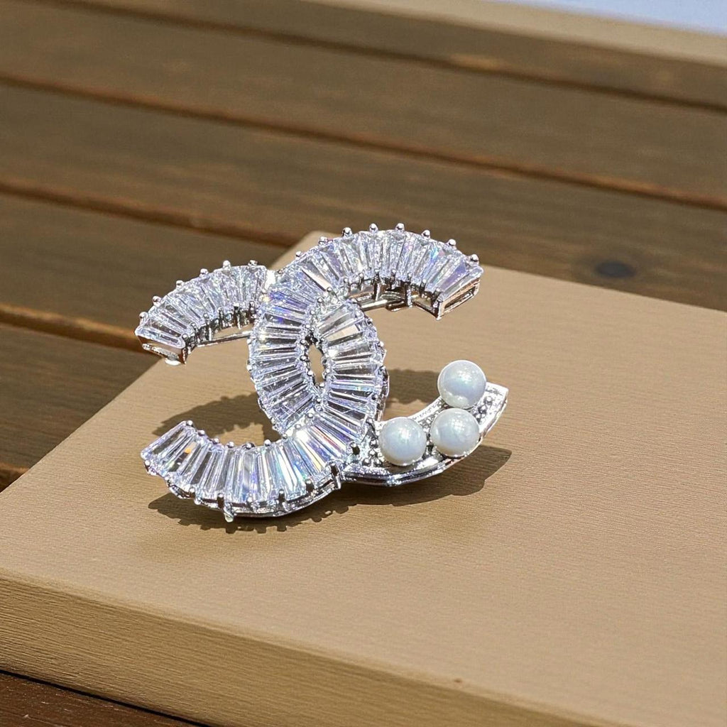 Crystal Baguette Brooch with Pearl Accent Design