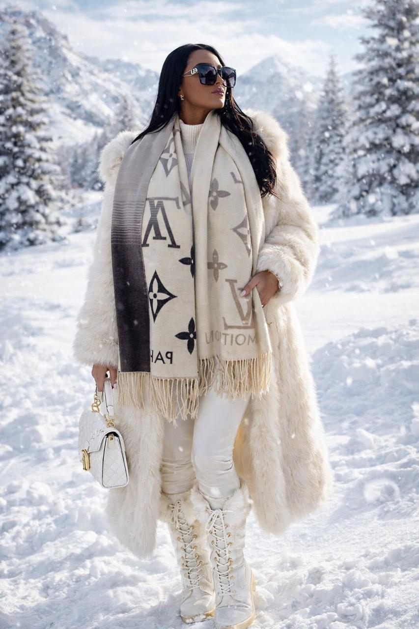 Luxury Monogram Style Winter Stole with Fringe Finish