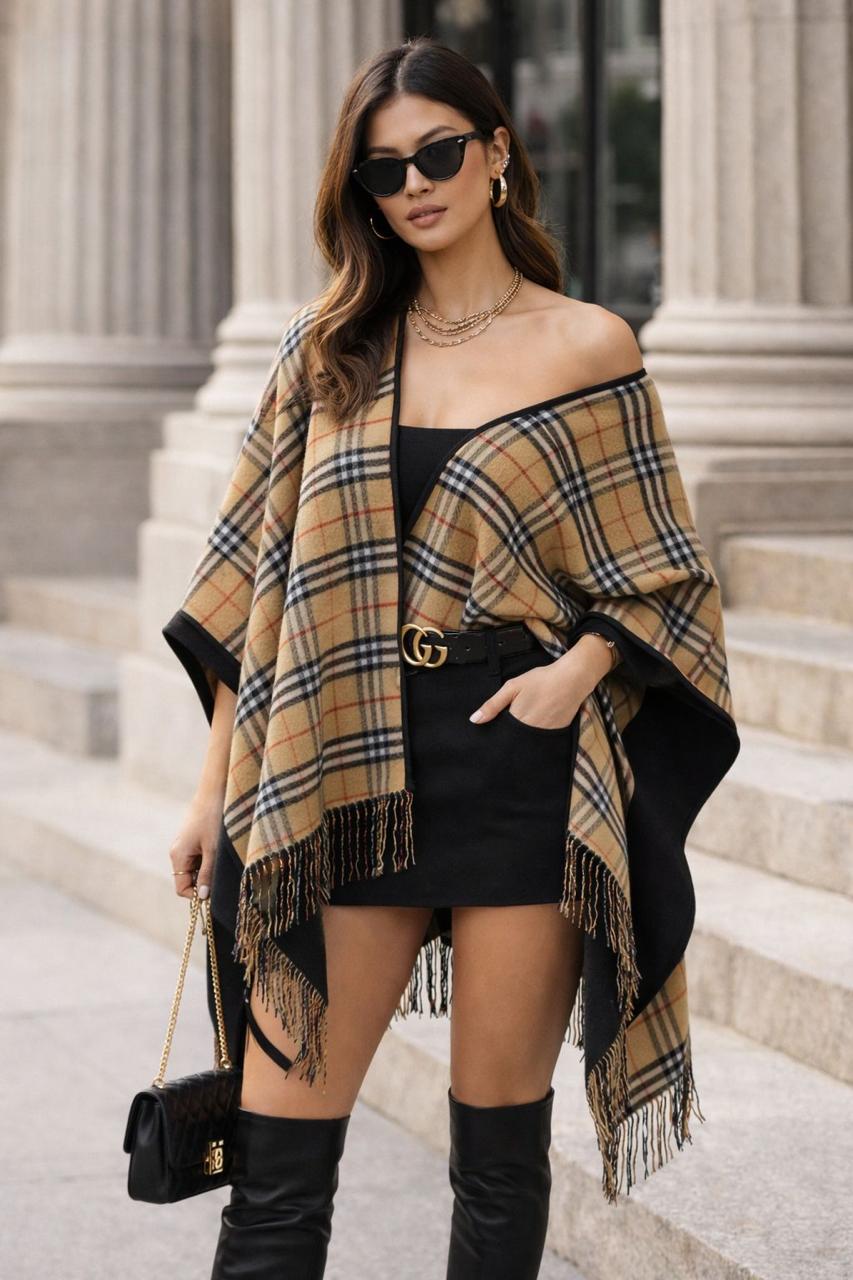 Classic Check Pattern Winter Stole with Fringe Border