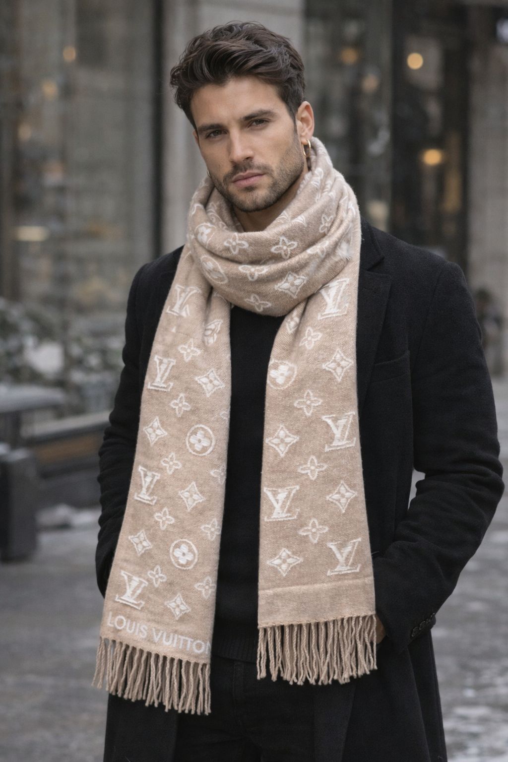 Elegant Monogram Winter Stole with Fringe Finish