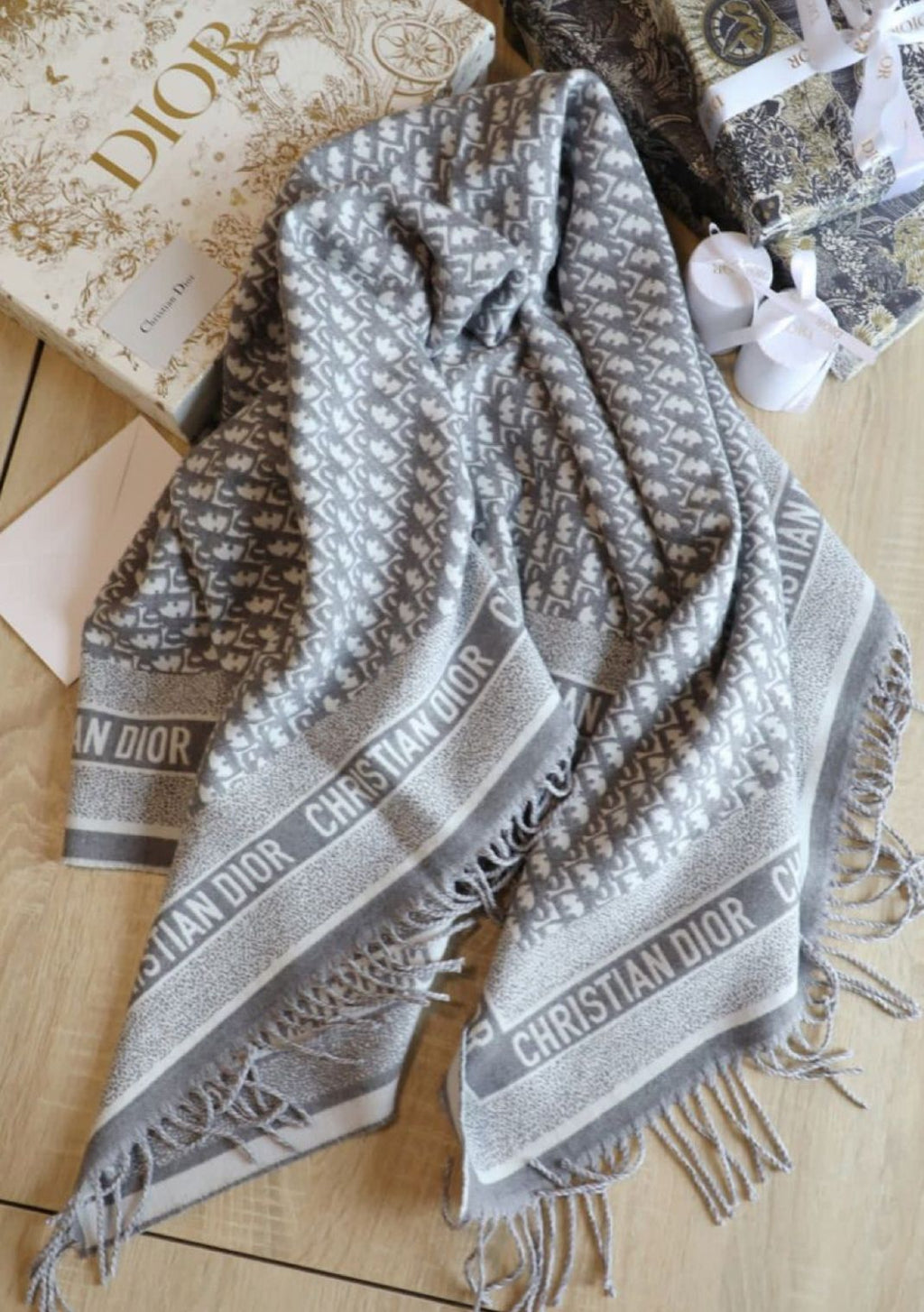 Luxury Monogram Pattern Winter Stole with Fringe