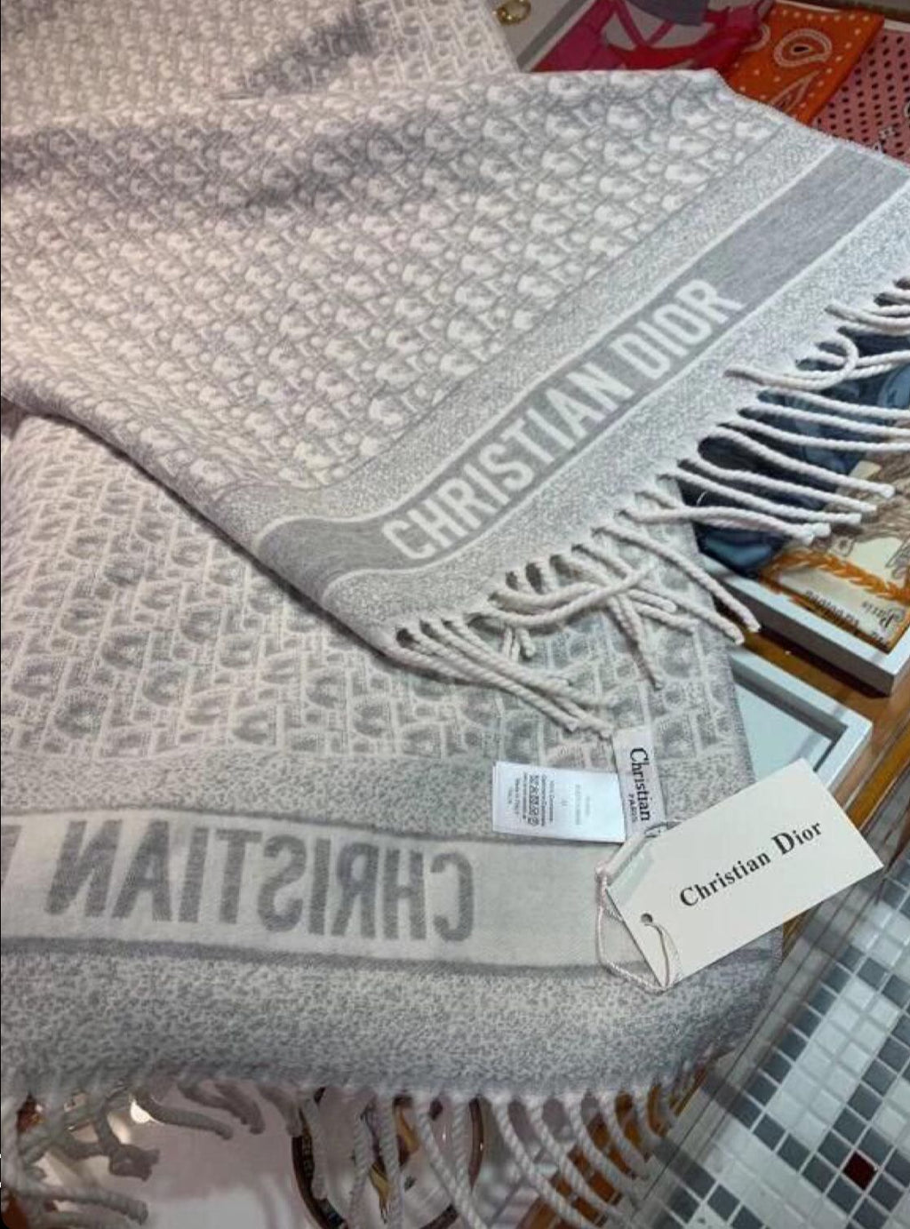 Luxury Monogram Pattern Winter Stole with Fringe