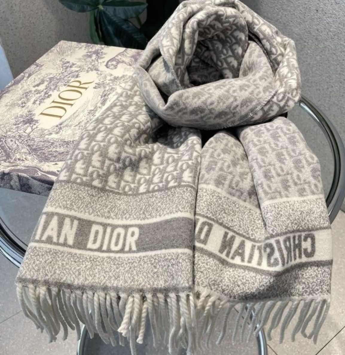 Luxury Monogram Pattern Winter Stole with Fringe