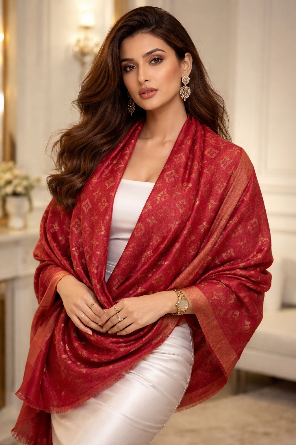 Classic Monogram Design Soft Wrap with Fringe