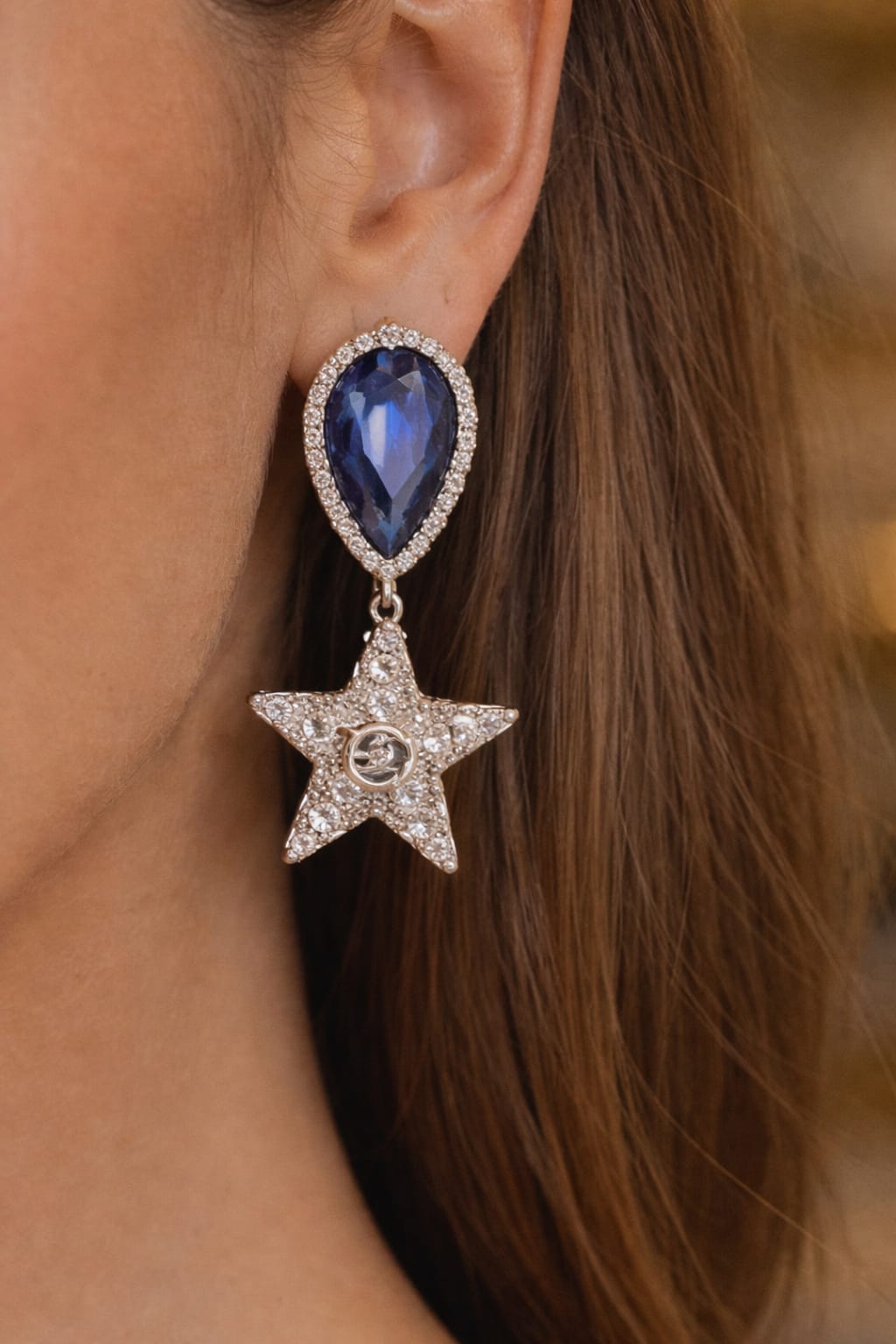 Crystal Star Drop Earrings with Blue Stone Accent