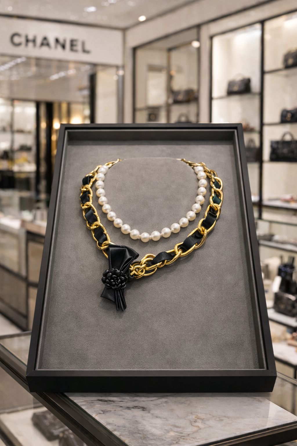 Layered Pearl & Gold-Tone Chain Statement Necklace with Black Floral Pendant