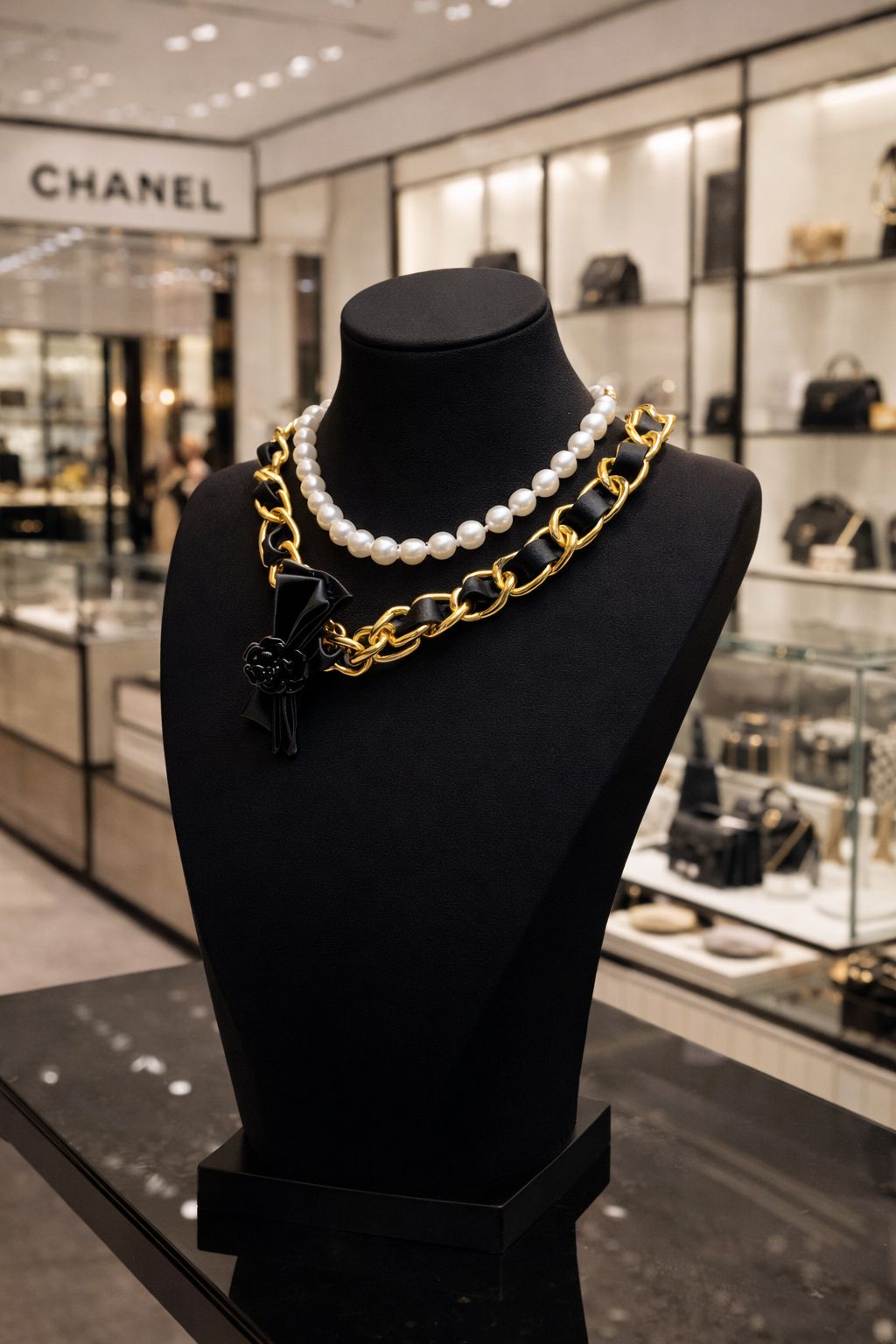 Layered Pearl & Gold-Tone Chain Statement Necklace with Black Floral Pendant