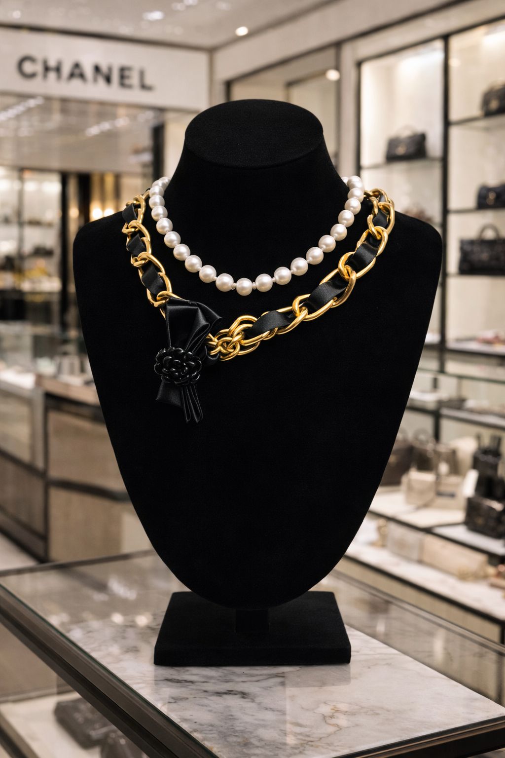 Layered Pearl & Gold-Tone Chain Statement Necklace with Black Floral Pendant