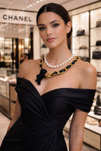 Layered Pearl & Gold-Tone Chain Statement Necklace with Black Floral Pendant
