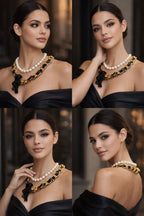 Layered Pearl & Gold-Tone Chain Statement Necklace with Black Floral Pendant