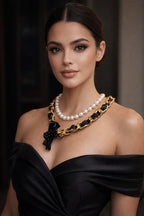 Layered Pearl & Gold-Tone Chain Statement Necklace with Black Floral Pendant