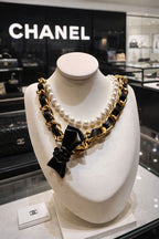 Layered Pearl & Gold-Tone Chain Statement Necklace with Black Floral Pendant