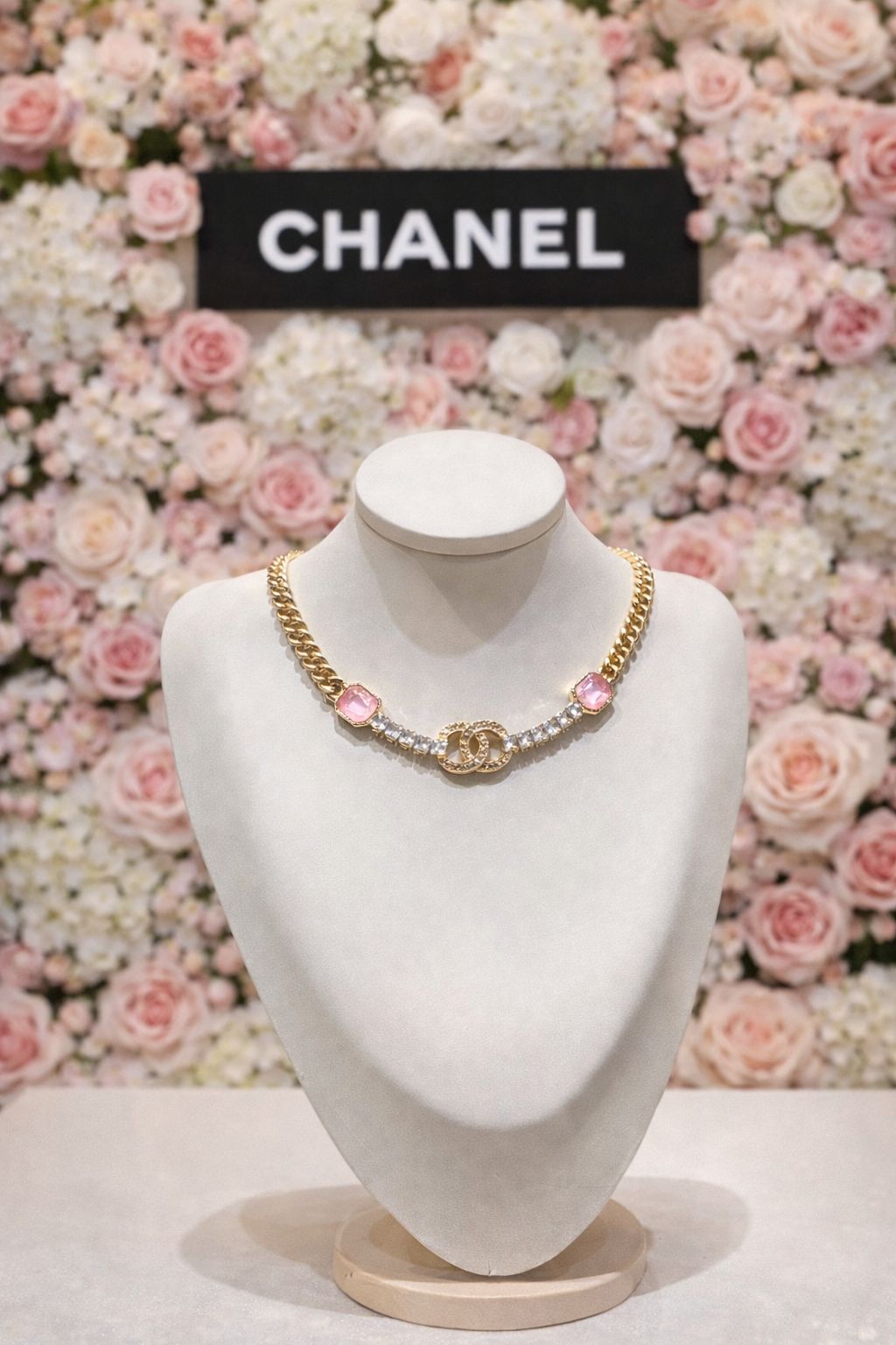 Crystal & Pink Stone Statement Necklace – Feminine Glamour