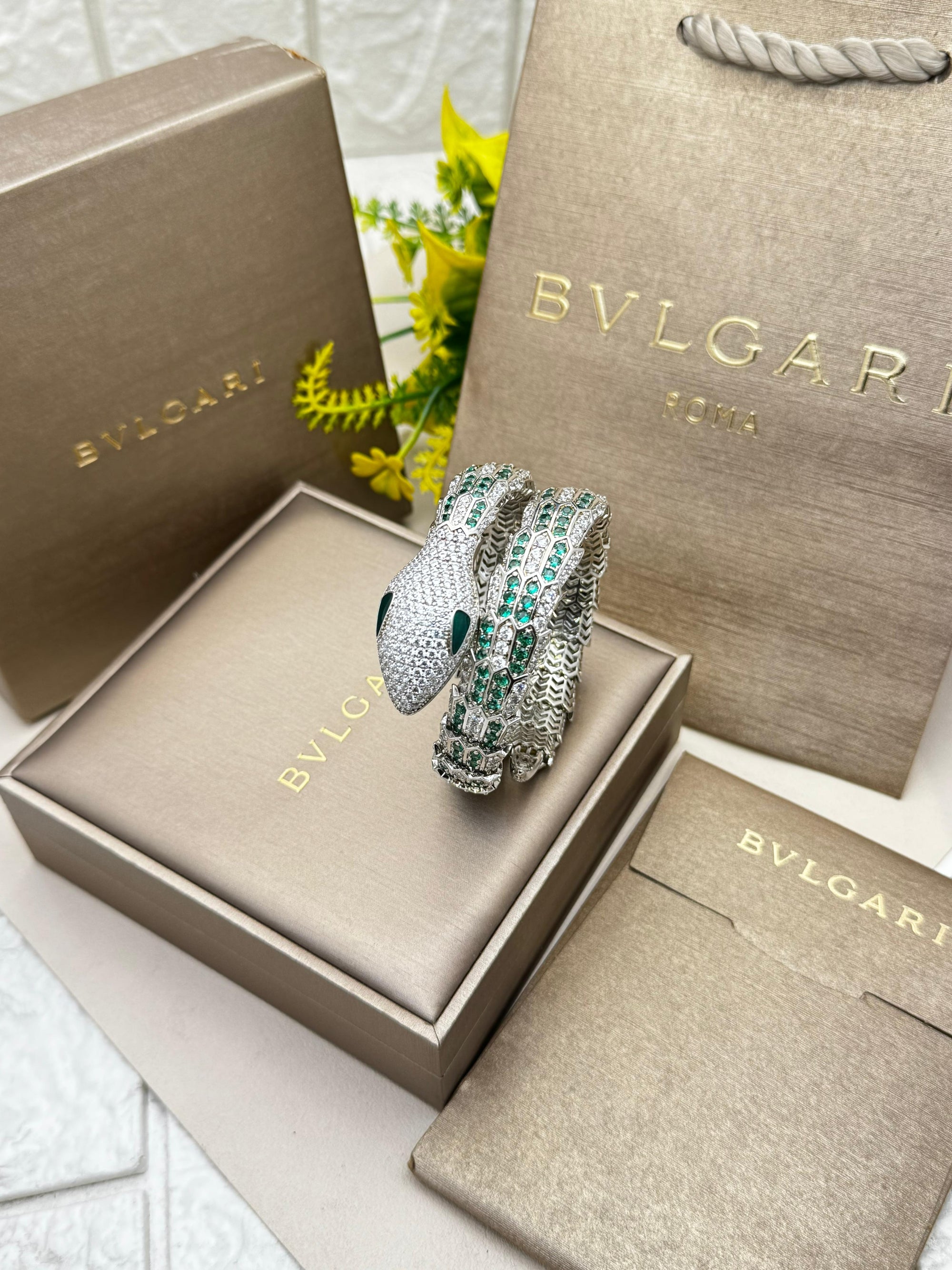 Serpent Crystal Wrap Bracelet – Emerald Stone Statement Bangle