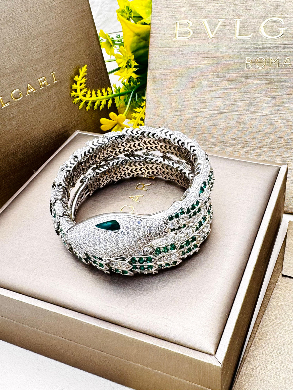 Serpent Crystal Wrap Bracelet – Emerald Stone Statement Bangle