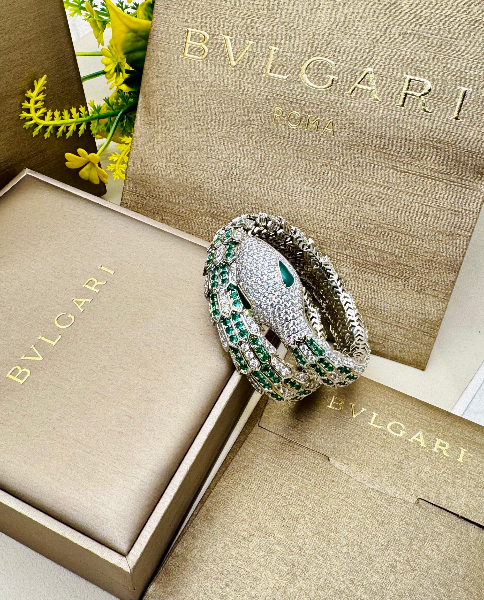 Serpent Crystal Wrap Bracelet – Emerald Stone Statement Bangle