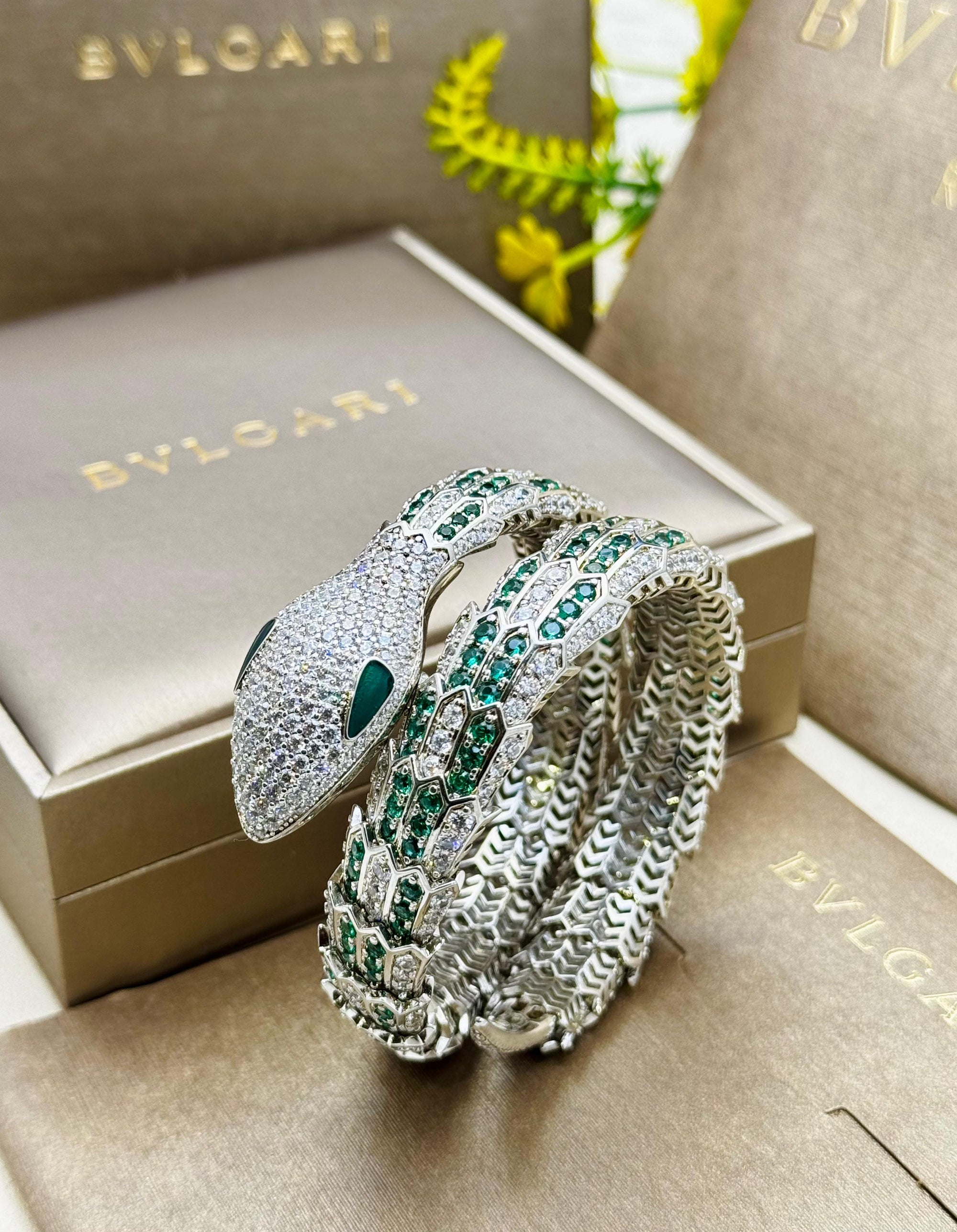Serpent Crystal Wrap Bracelet – Emerald Stone Statement Bangle