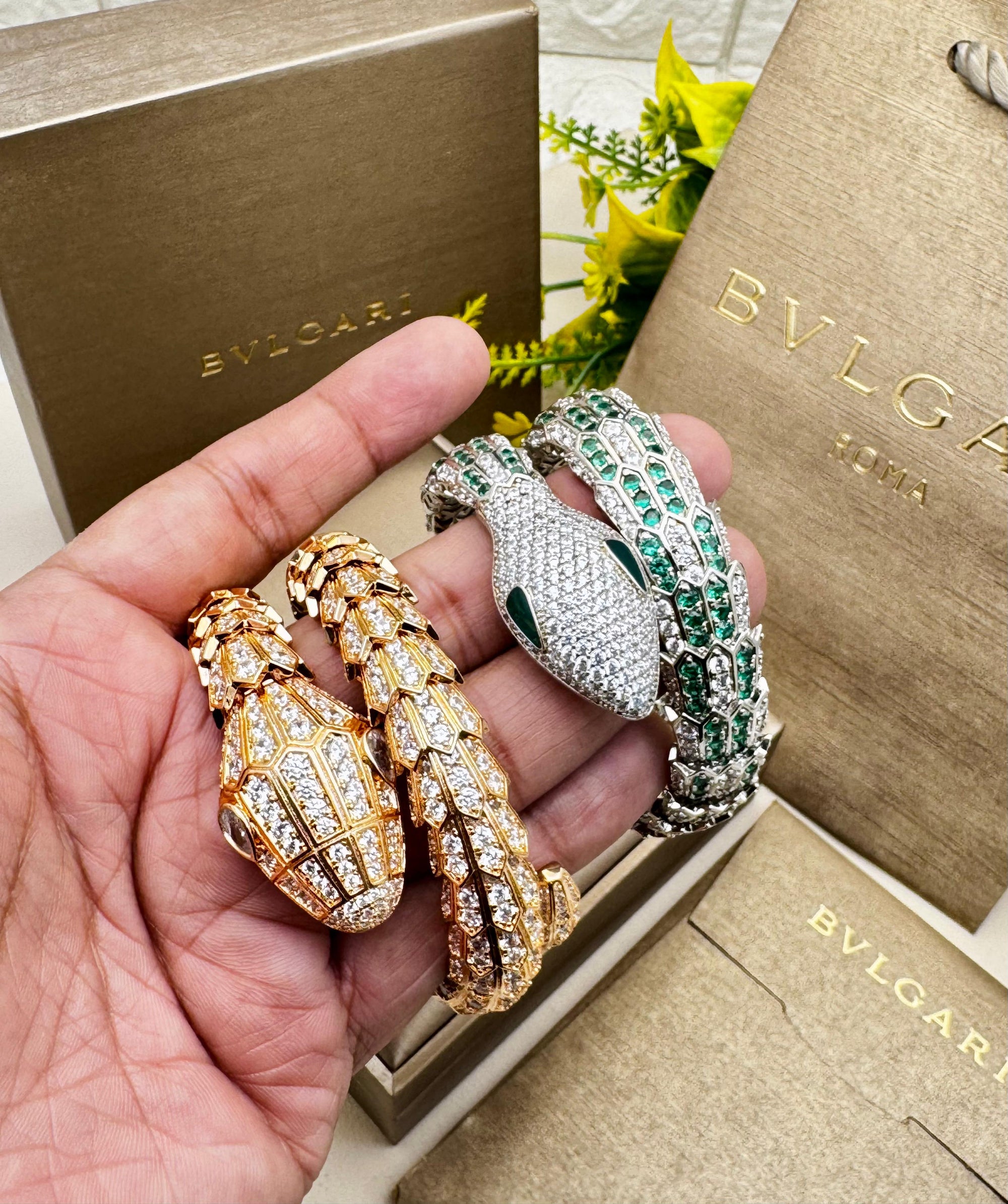 Serpent Crystal Wrap Bracelet – Emerald Stone Statement Bangle