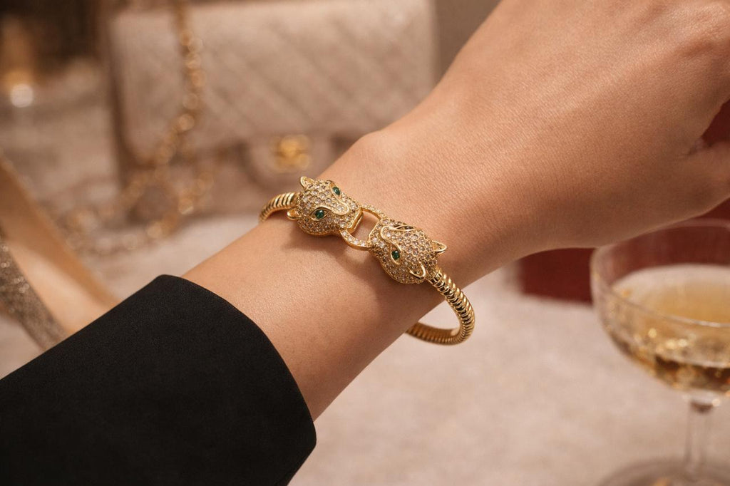 Luxury Twin Panther Head Bracelet – Gold Crystal Statement Cuff