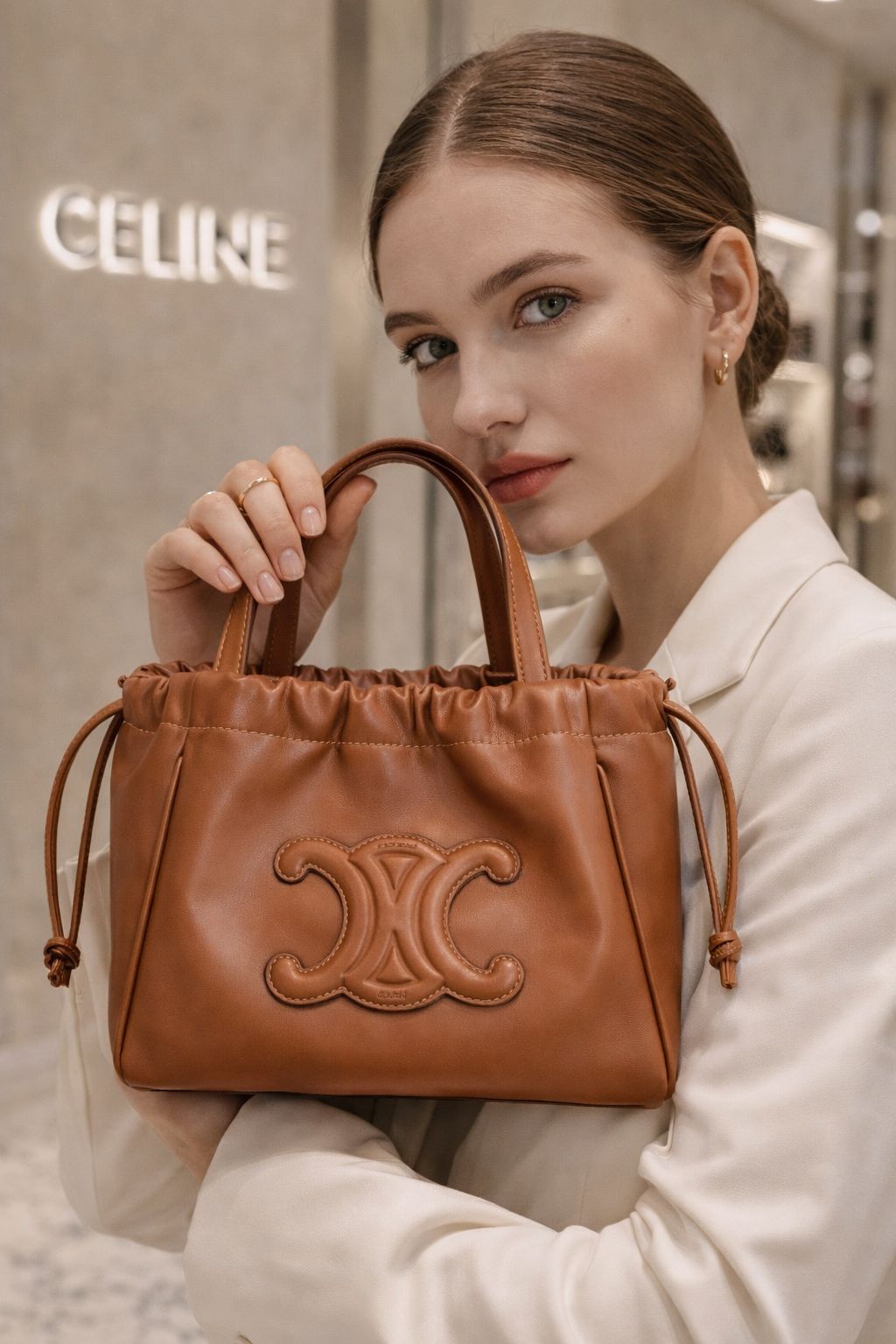 Luxury Mini Drawstring Leather Handbag – Elegant Structured Tote