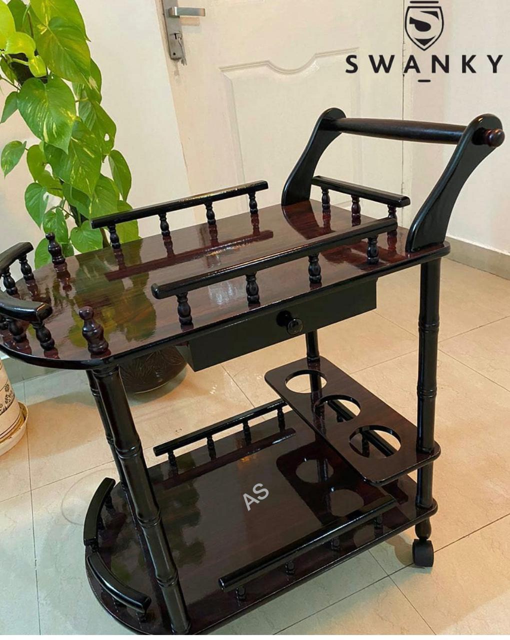 Premium Wooden Bar Trolley with Wheels – Elegant Serving Cart with Storage