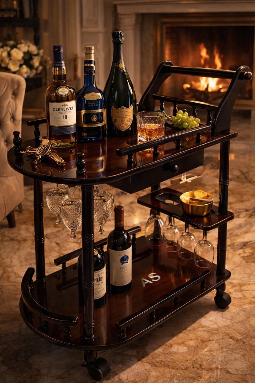 Premium Wooden Bar Trolley with Wheels – Elegant Serving Cart with Storage