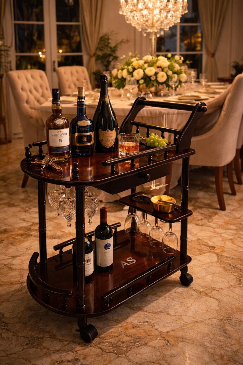 Premium Wooden Bar Trolley with Wheels – Elegant Serving Cart with Storage