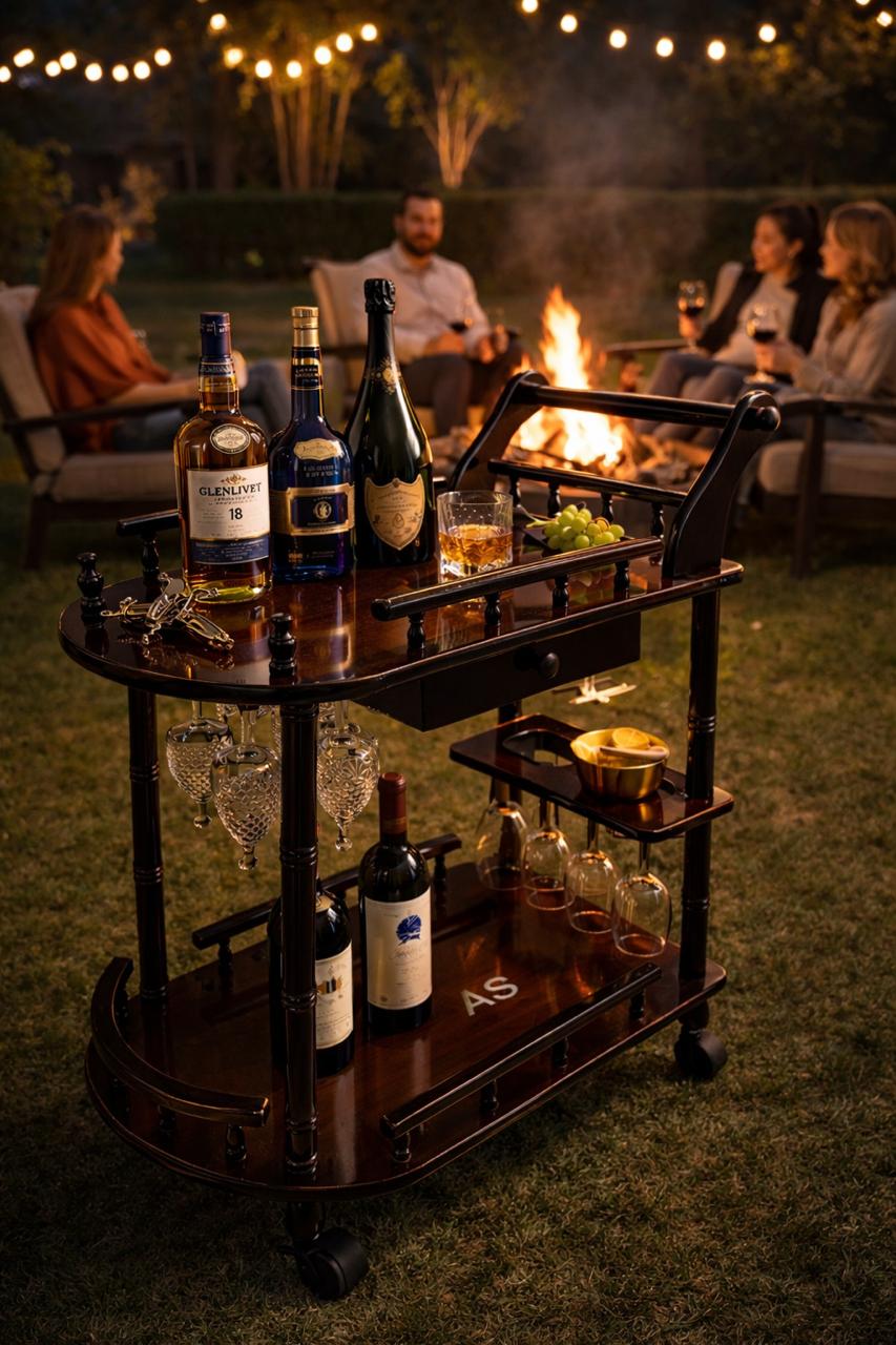 Premium Wooden Bar Trolley with Wheels – Elegant Serving Cart with Storage