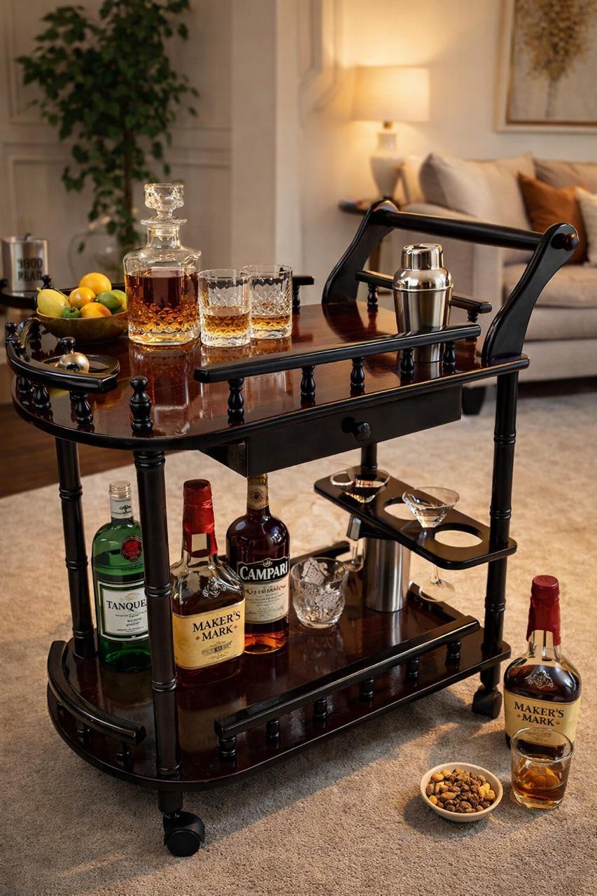 Premium Wooden Bar Trolley with Wheels – Elegant Serving Cart with Storage