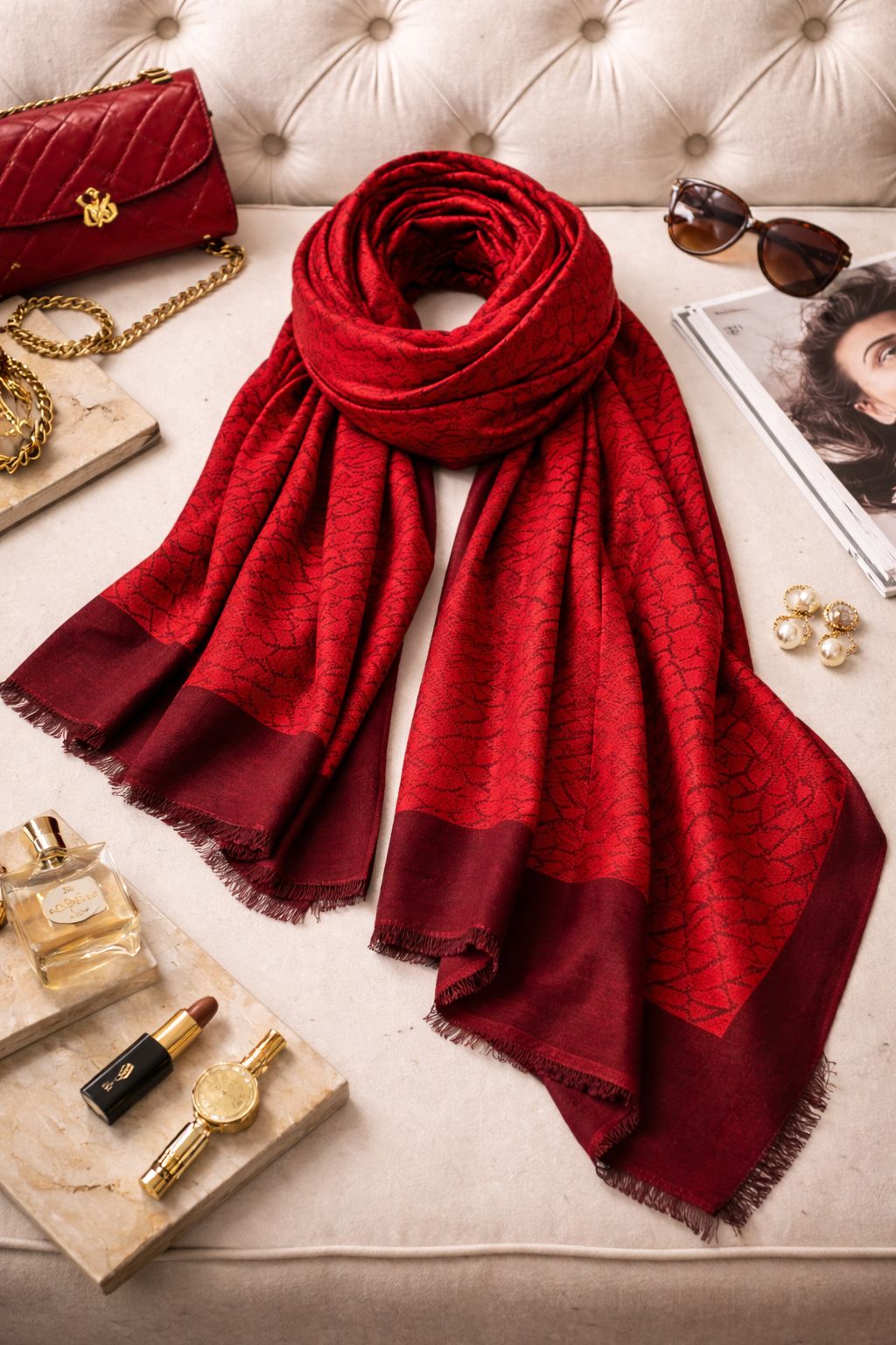 Elegant Red unisex Semi-Cotton Lightweight Summer Stole