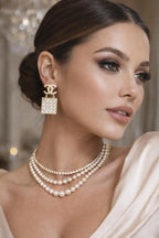 Luxury Gold Logo Drop Earrings – Crystal Square Statement Jewelry