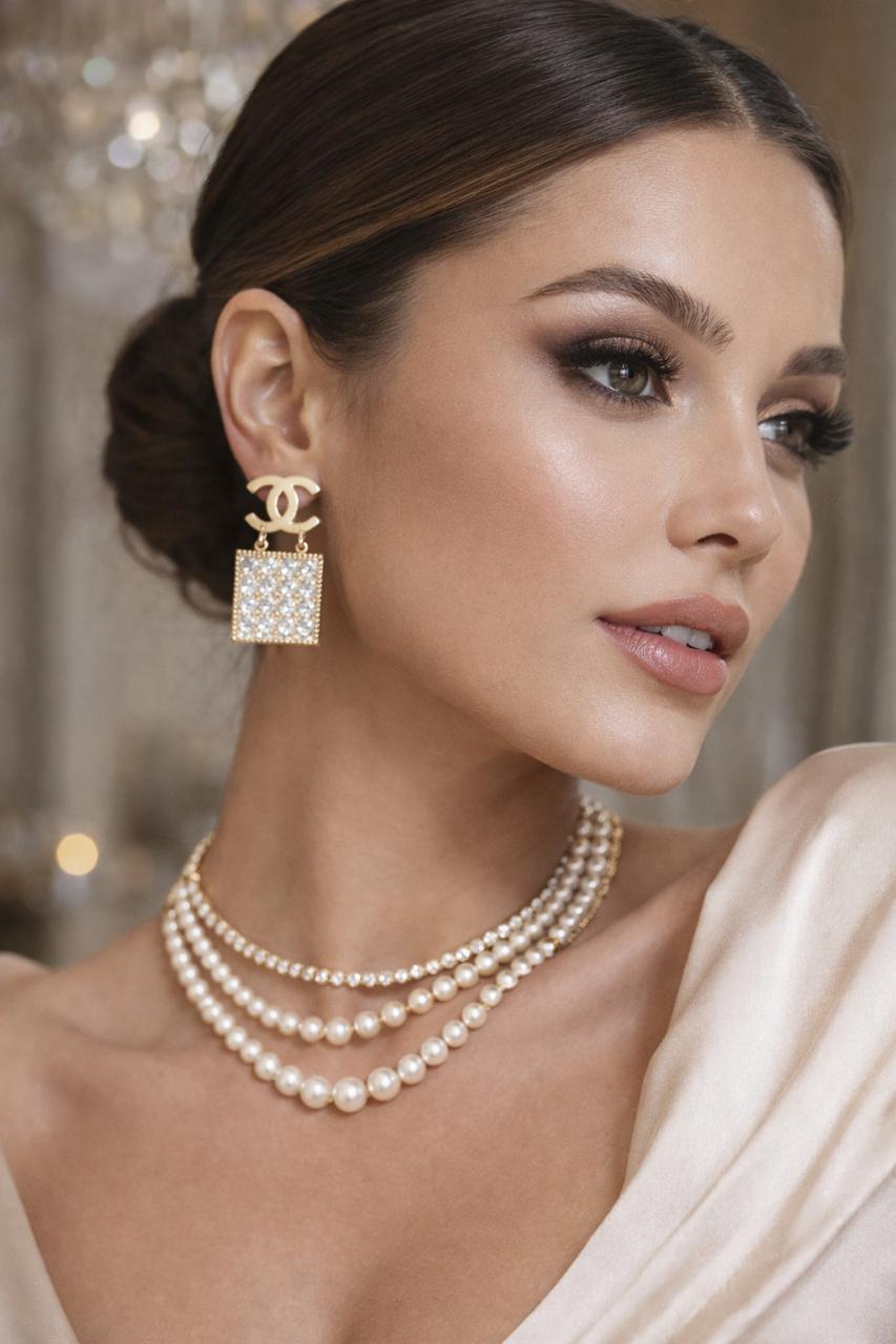 Luxury Gold Logo Drop Earrings – Crystal Square Statement Jewelry