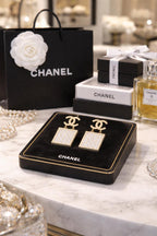Luxury Gold Logo Drop Earrings – Crystal Square Statement Jewelry