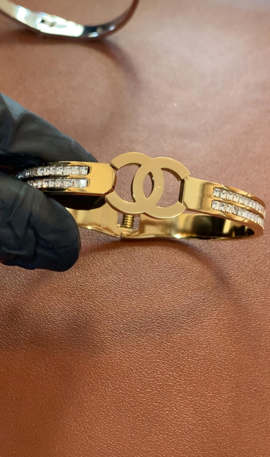 Luxury Gold Logo Cuff Bracelet – Crystal Accent Statement Bangle
