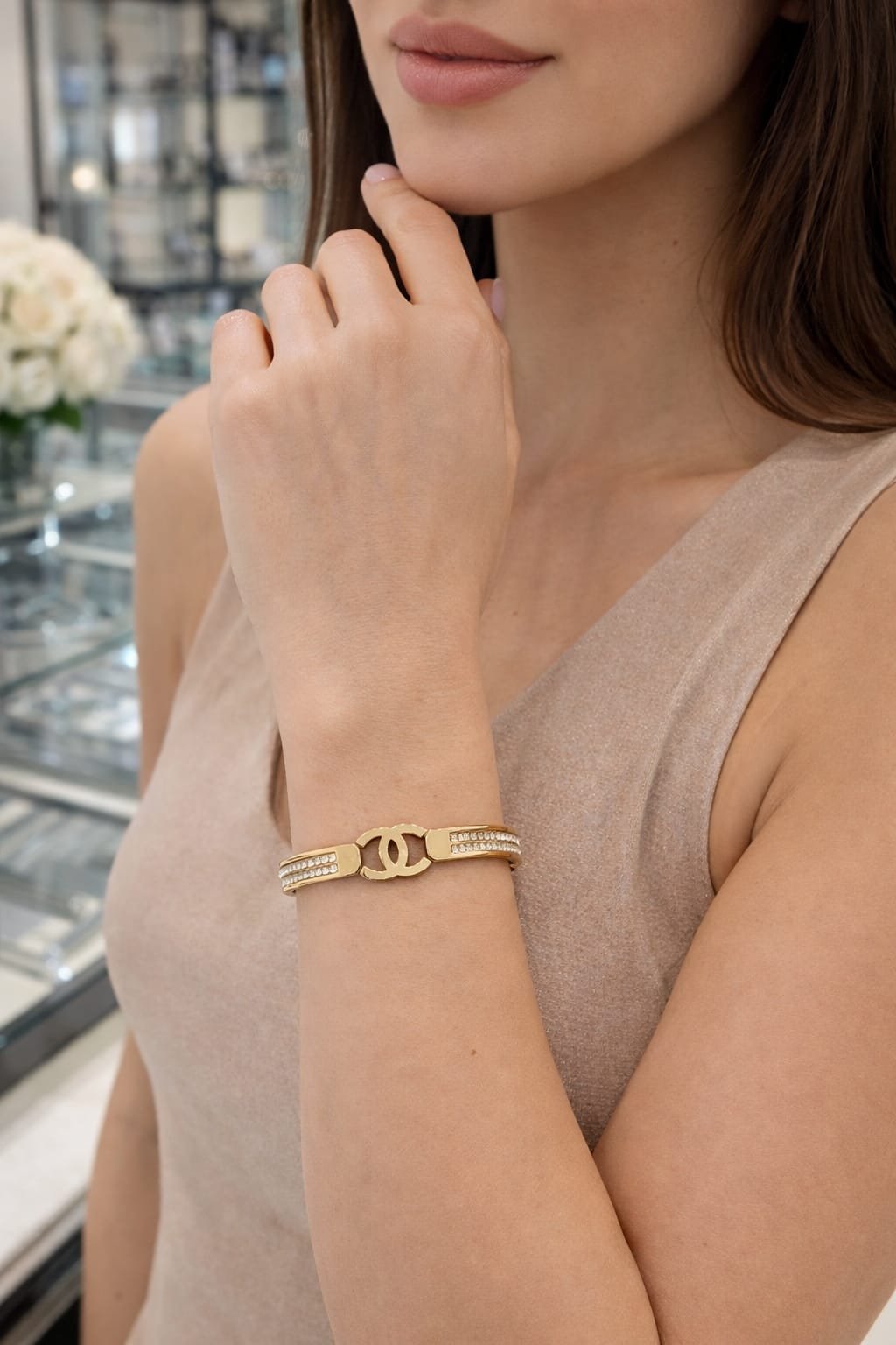 Luxury Gold Logo Cuff Bracelet – Crystal Accent Statement Bangle