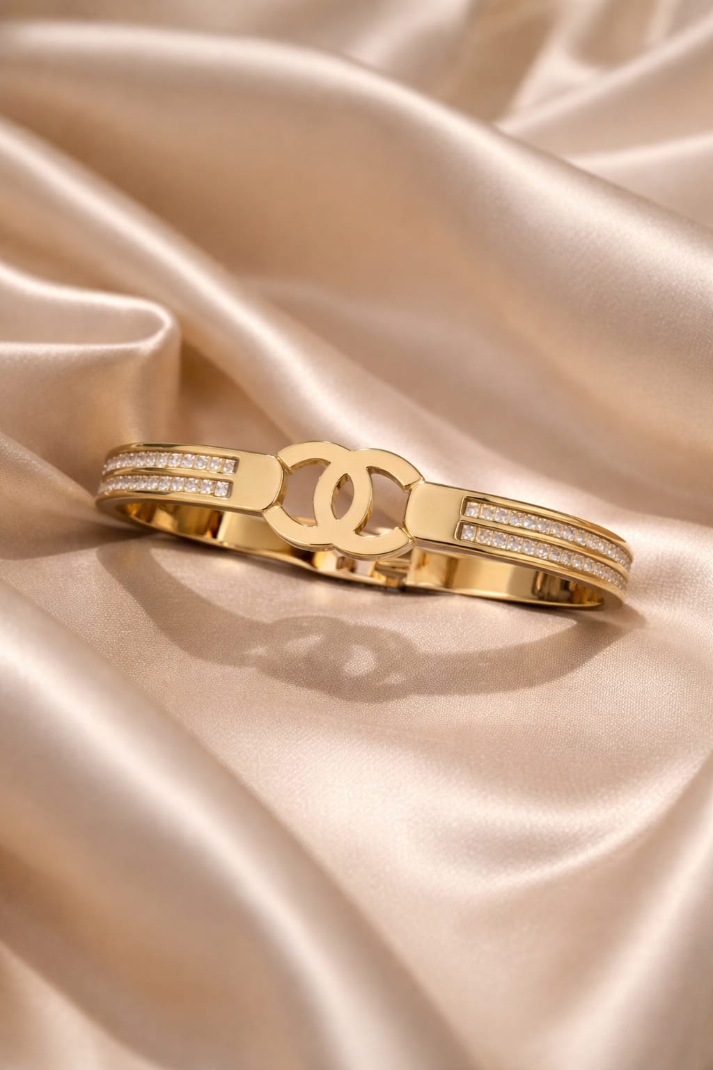 Luxury Gold Logo Cuff Bracelet – Crystal Accent Statement Bangle