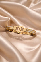 Luxury Gold Logo Cuff Bracelet – Crystal Accent Statement Bangle