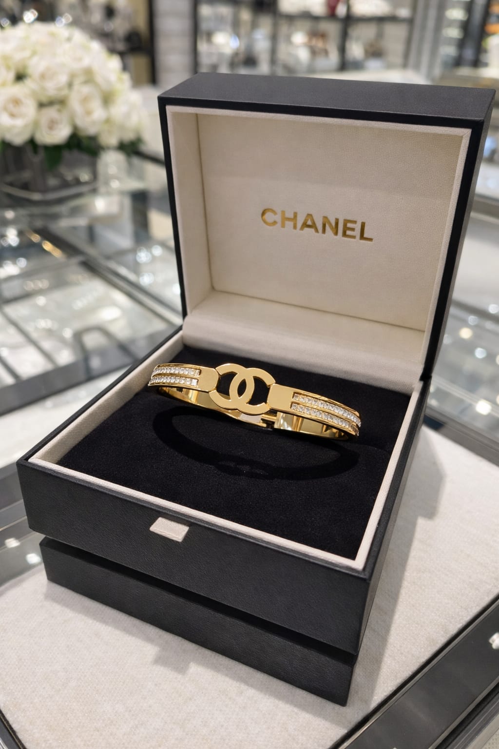 Luxury Gold Logo Cuff Bracelet – Crystal Accent Statement Bangle